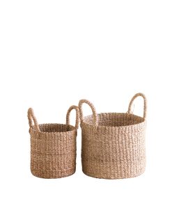 Abaca Cylinder Tabletop Basket with Handles. Set of 2