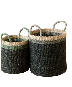 Abaca Cylinder Basket with Handles. Set of 2