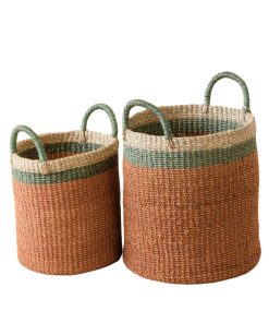 Abaca Cylinder Basket with Handles. Set of 2
